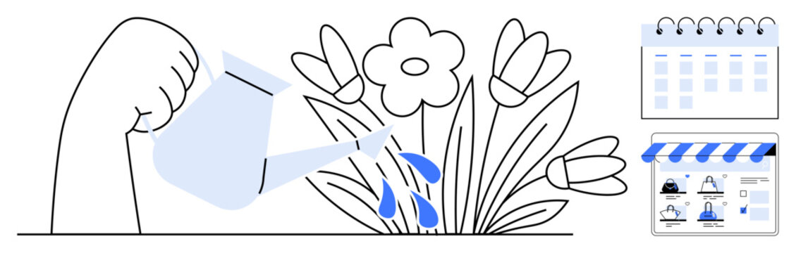 Hand pouring water on blooming flowers next to a monthly calendar and planner. Ideal for productivity, time management, planning, growth, scheduling, gardening, and organization. Line metaphor