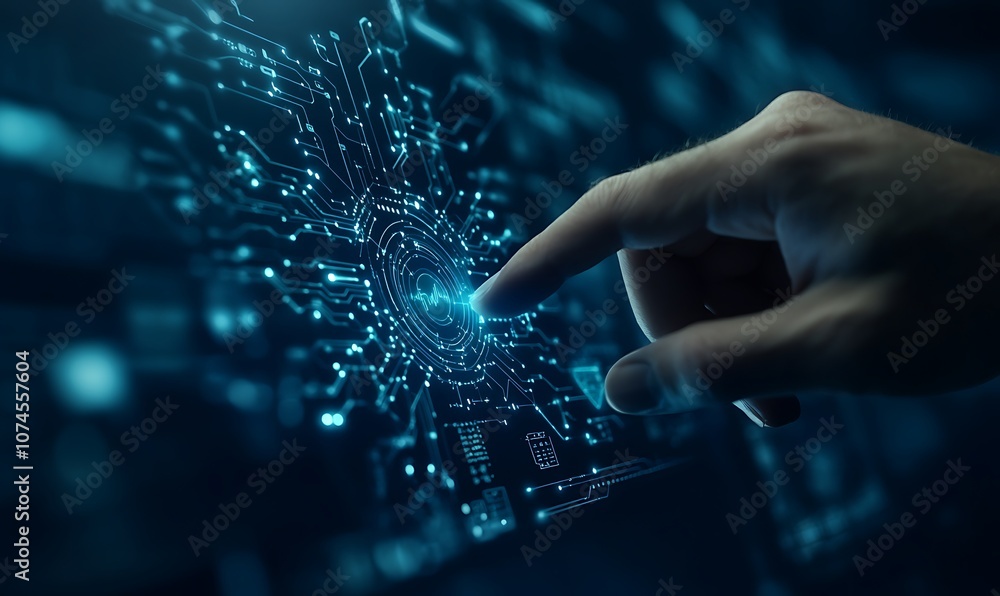 Aufkleber A hand reaching out, interacting with a network of digital data points, symbolizing connectivity and technology.