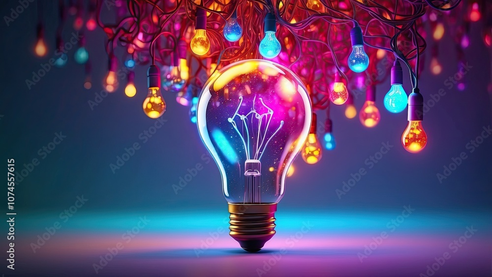 Poster an concept that glows with color bulb light banner, brainstorming visualization, creative thinking a