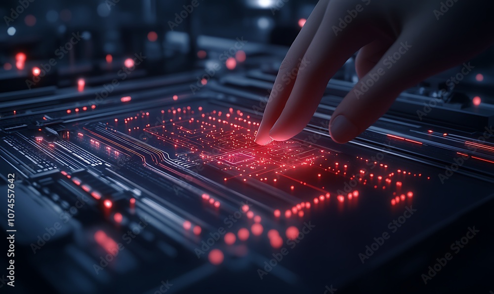 Poster A hand touches a glowing circuit board, illuminating a matrix of red lights, suggesting interaction with advanced technology.
