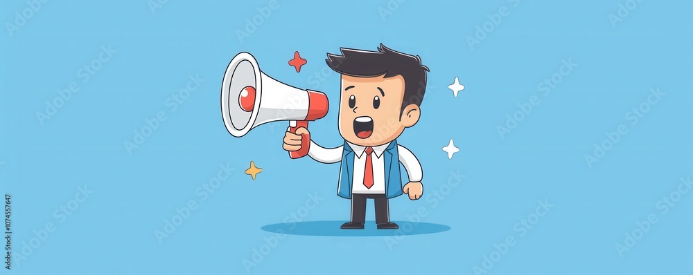 Poster engaging cartoon character with a megaphone spreading knowledge through flat design text in a book f