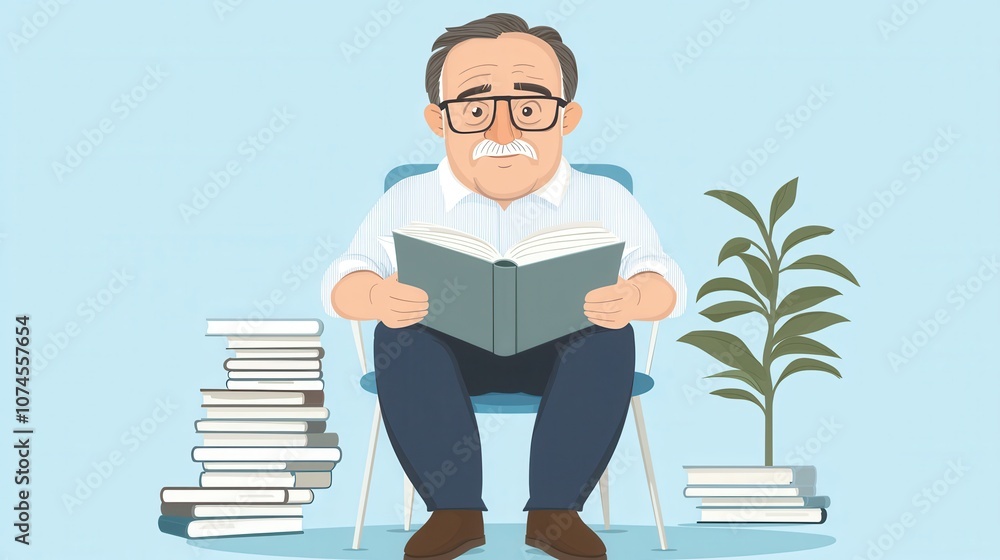 Poster bookworm cartoon character enjoys reading in flat design style with text and books around him