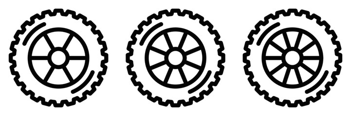 Outline icon set of various tire designs for automotive. Editable stroke.