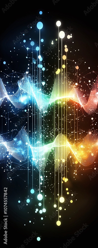 Poster abstract colorful waves with glowing dots and lines.