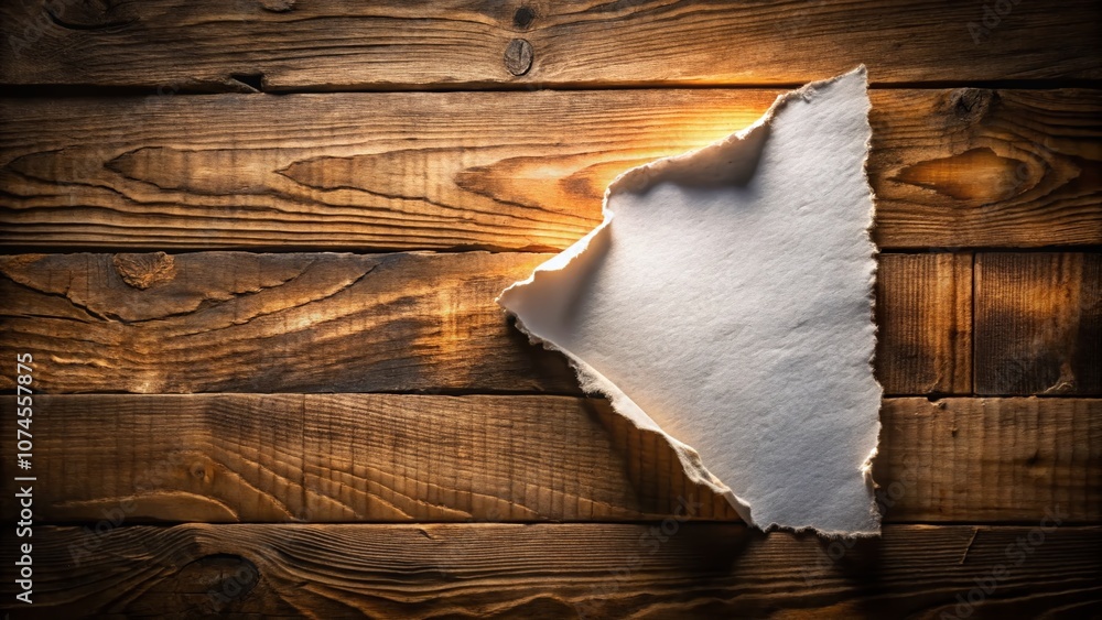 Poster torn corner of white paper on a wooden surface with soft shadows and natural textured background in 