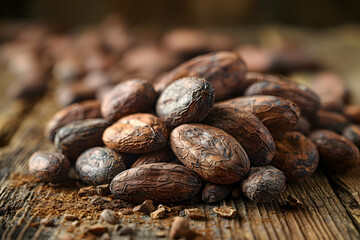 Cocoa beans on a wooden table