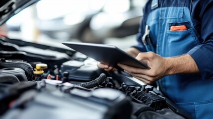 Auto repair specialist with a tablet, isolated on white, representing digital tools in vehicle maintenance