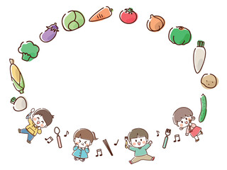 野菜と子供の楽しい円形フレーム_手描き