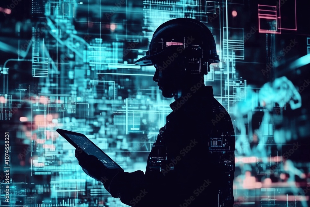 Poster engineer using tablet in digital environment, futuristic technology background
