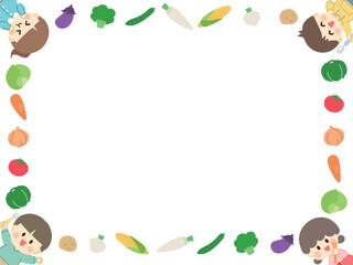 野菜と子供の四角いフレーム2_フラットデザイン