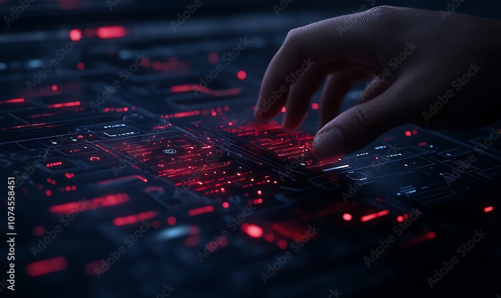 Aufkleber a close-up of a hand interacting with a glowing, red-lit digital interface, representing technology 