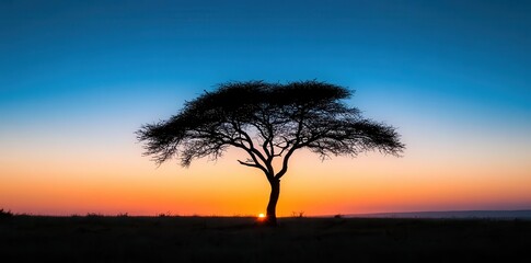 Majestic Acacia Tree Standing Tall on the Expansive African Savanna Under a Vibrant Blue Sky