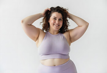 Beautiful curvy female model wearing fitness brown outfit, bra and leggings with her hands next to her body against a beige studio background