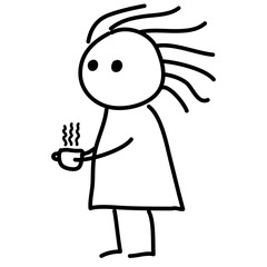 funny girl in dress with disheveled hair holding cup of coffee drawn with black pen on white background