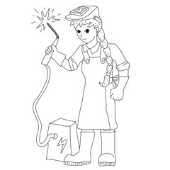 girl welder in welding mask in special work clothes holds welding machine drawn with black pen on white background