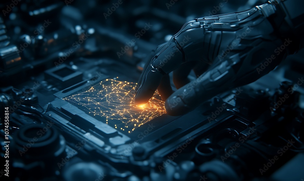 Aufkleber a robotic hand hovers over a circuit board, emitting glowing particles, symbolizing advanced technol