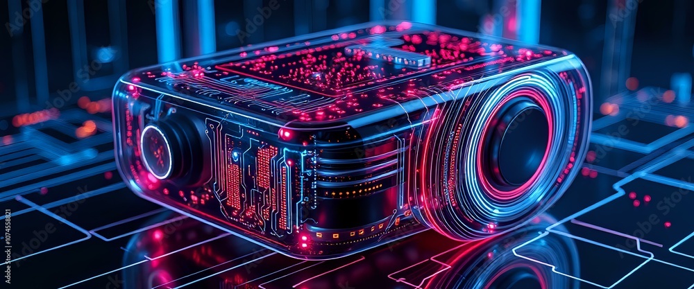 Poster sleek futuristic tech device with neon circuitry - interactive rendering