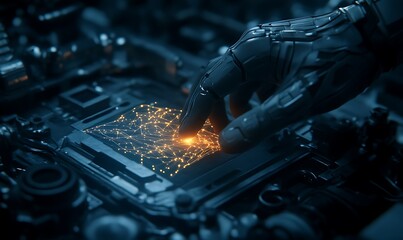 A robotic hand hovers over a circuit board, emitting glowing particles, symbolizing advanced technology and digital interaction.