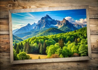 Tranquil Mountain Landscape on a Paper Sheet Background - Nature Photography with Majestic Peaks, Lush Forests, and Clear Skies for Artistic and Creative Use