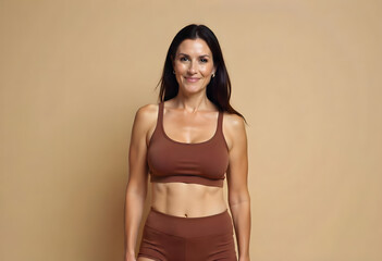 Beautiful young fit female fitness model dressed in two piece co ord outfit against a beige background