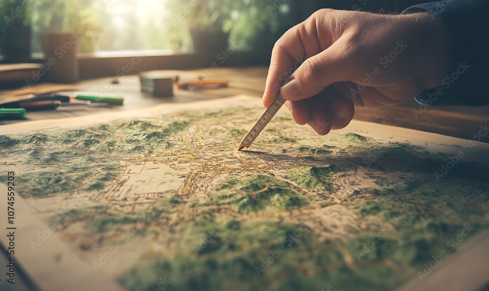 Poster a hand points out locations on a detailed map, surrounded by a serene backdrop of plants and soft li