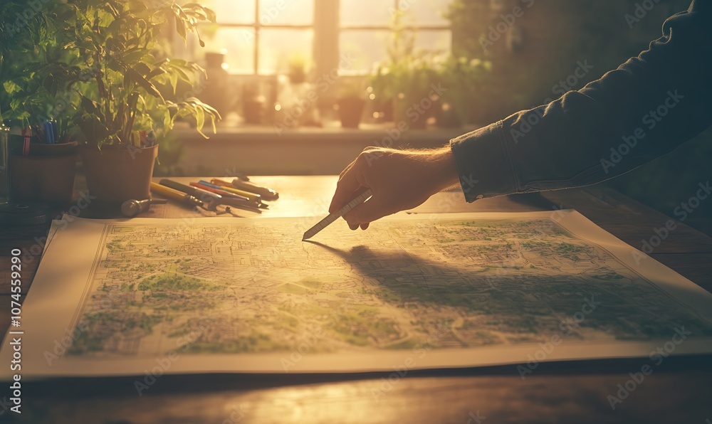 Poster a hand holding a pen draws on a detailed map, illuminated by warm sunlight streaming through a windo