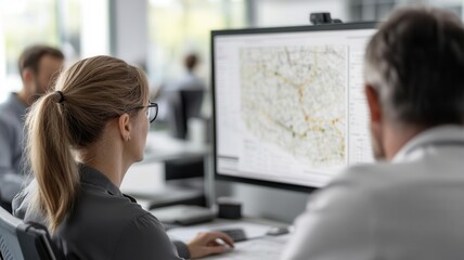 Executives in modern office reviewing evacuation map on screen, intense focus on safety, photorealistic clarity