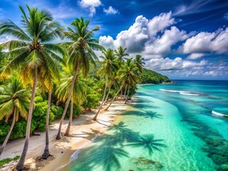Obraz premium Tropical Coastal Landscape with Palm Trees on White Sand Beach Beside Turquoise Sea Waves Captured in Stunning Documentary Photography Style