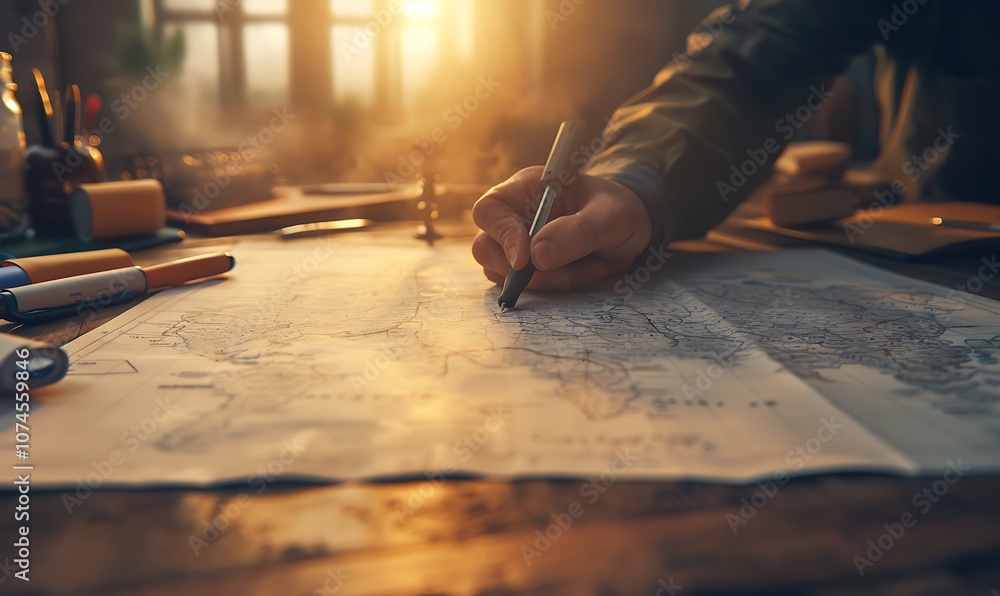 Poster a hand writes on a large map, surrounded by tools and warm sunlight streaming through a window, crea