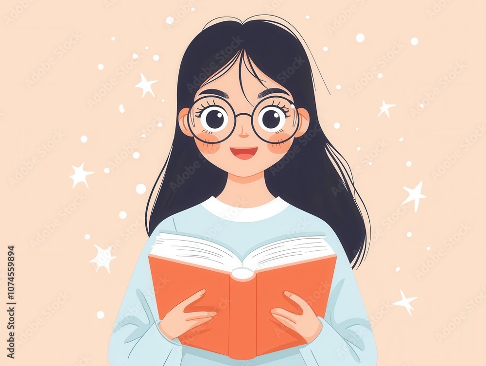 Poster engaging cartoon character enjoys reading a book filled with text and creative design elements
