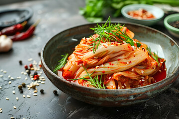 close up of bowl with tasty kimchi cabbage on concrete surface