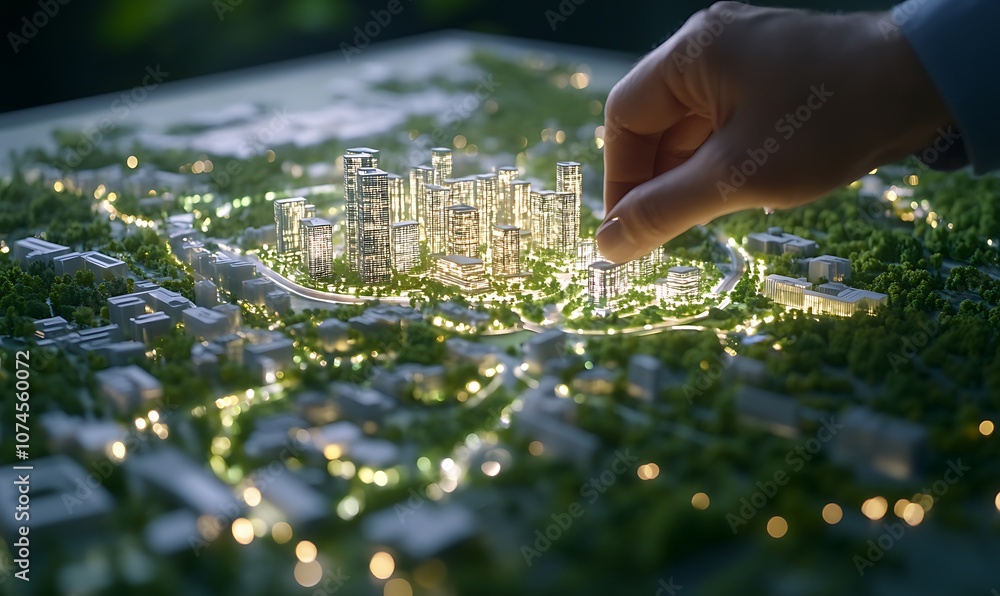 Poster a hand adjusts a miniature model of a city, illuminated by lights, showcasing urban design and green