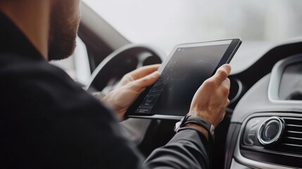 Naklejka premium Mechanic using a tablet for car diagnostics, isolated on white background, representing tech-driven repairs