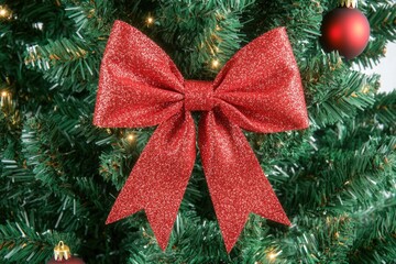 A close-up shot of a Christmas tree with a bright red bow, ideal for holiday marketing or winter decoration ideas