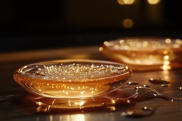 Close-up of a Glass Bowl Filled with a Golden Liquid on a Wooden Surface