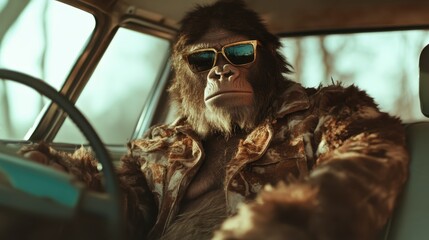 A visually arresting image of a gorilla confidently steering a vehicle while dressed in a camouflage-patterned fur coat, blending wildness with urban fashion elements.