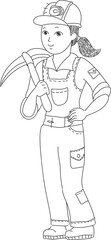 girl miner in a helmet with a pickaxe and in special work clothes drawn with black pen on white background