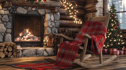 Cozy log cabin with fireplace and plaid blanketed rocking chair in festive holiday setting.