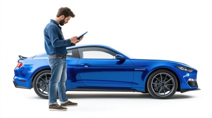 Technician with tablet analyzing car data, isolated on white background, representing technology in mechanics
