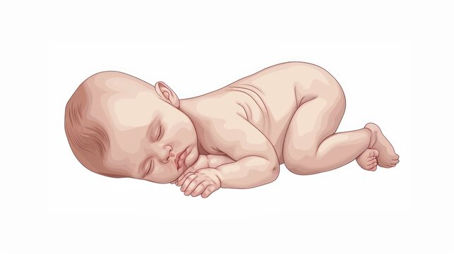 A baby lying down on its side on a clean and simple white background, ideal for use in editorial or commercial projects where a calm and peaceful atmosphere is required
