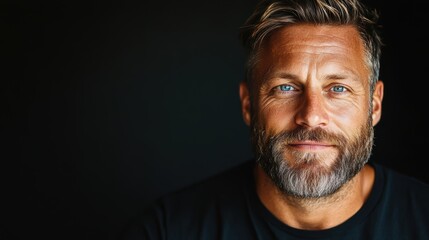 Obraz premium A man with styled short hair and a rugged beard smiles slightly, standing in front of a dark background, exuding confidence and approachability in casual attire.