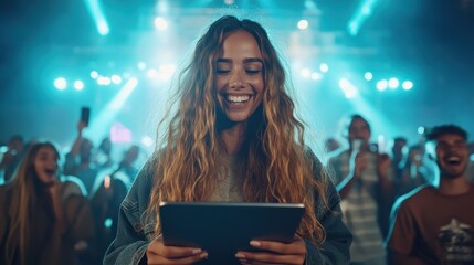 A joyful woman with wavy hair interacts with a tablet at a bustling night event, reflecting happiness and engagement amidst the crowd, under vibrant lights.