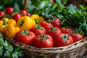 close up view of delicious fresh ripe vegetables in basket, panoramic shot