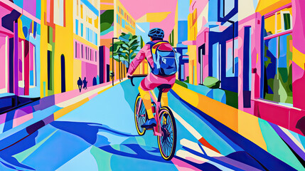 Accessible urban environment, watercolor poster with portrait of cyclist from behind riding on city street, space for ecology and development concept and sustainable inclusive social environment