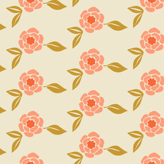 Charming Floral Pattern Featuring Soft Peach Roses with Golden Leaves on a Light Cream Background, Perfect for Textiles, Stationery, and Home Decor Projects