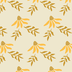 Charming Floral Pattern Featuring Bright Yellow Flowers and Leafy Green Accents on a Soft Cream Background, Ideal for Textile Designs and Home Decor Projects