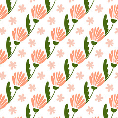 Whimsical Floral Pattern Featuring Delightful Peach Flowers and Soft Pink Accents on a Clean White Background, Perfect for Textile Designs and Creative Projects