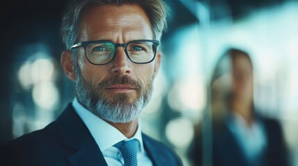 A sophisticated gentleman wearing a suit and glasses gazes confidently at the camera, embodying professionalism against a backdrop with blurred reflections.