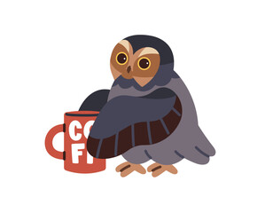 Sleepy eagle owl holds cup with wings and drinks coffee to wake up. Cute bird with teacup of morning hot beverage. Asleep animal with mug of breakfast tea. Flat isolated vector illustration on white