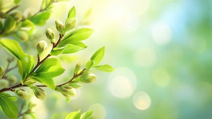 Spring blossoms and fresh green leaves on a sunlit branch